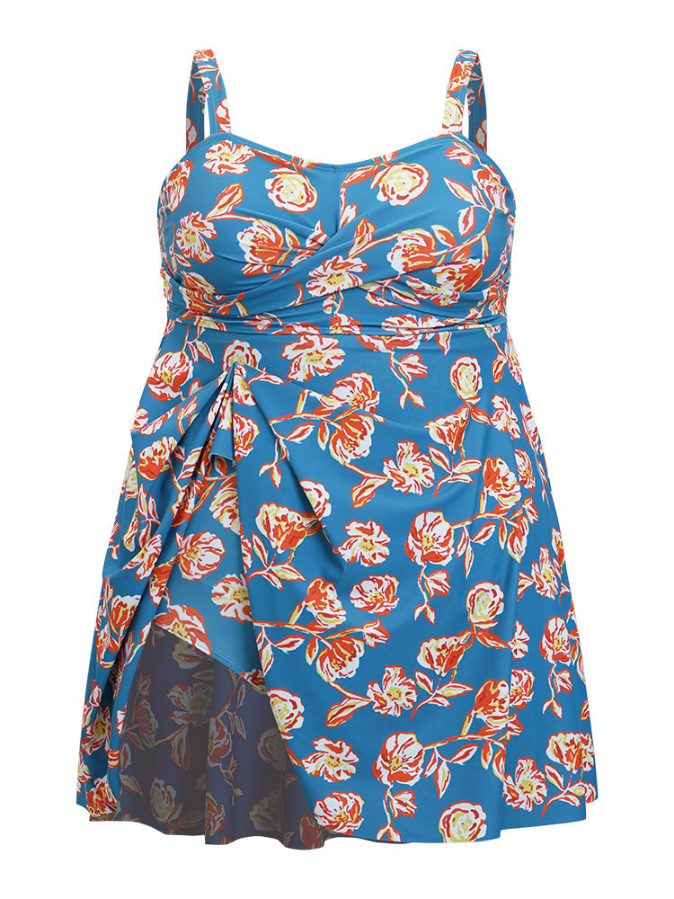 Floral Contrast Crossover Front Ruffles Adjustable Straps Swim Dress