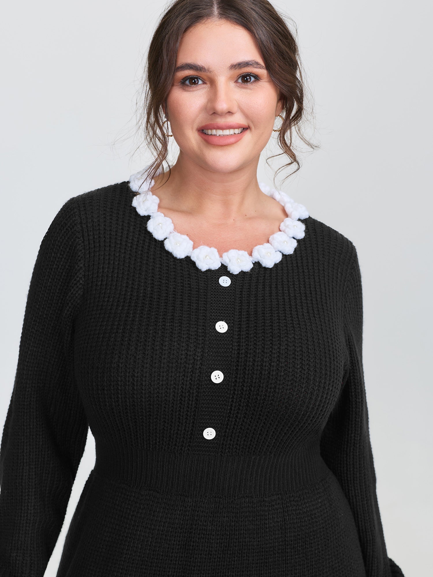 Cloudy Crochet Neckline Midi Sweater Dress