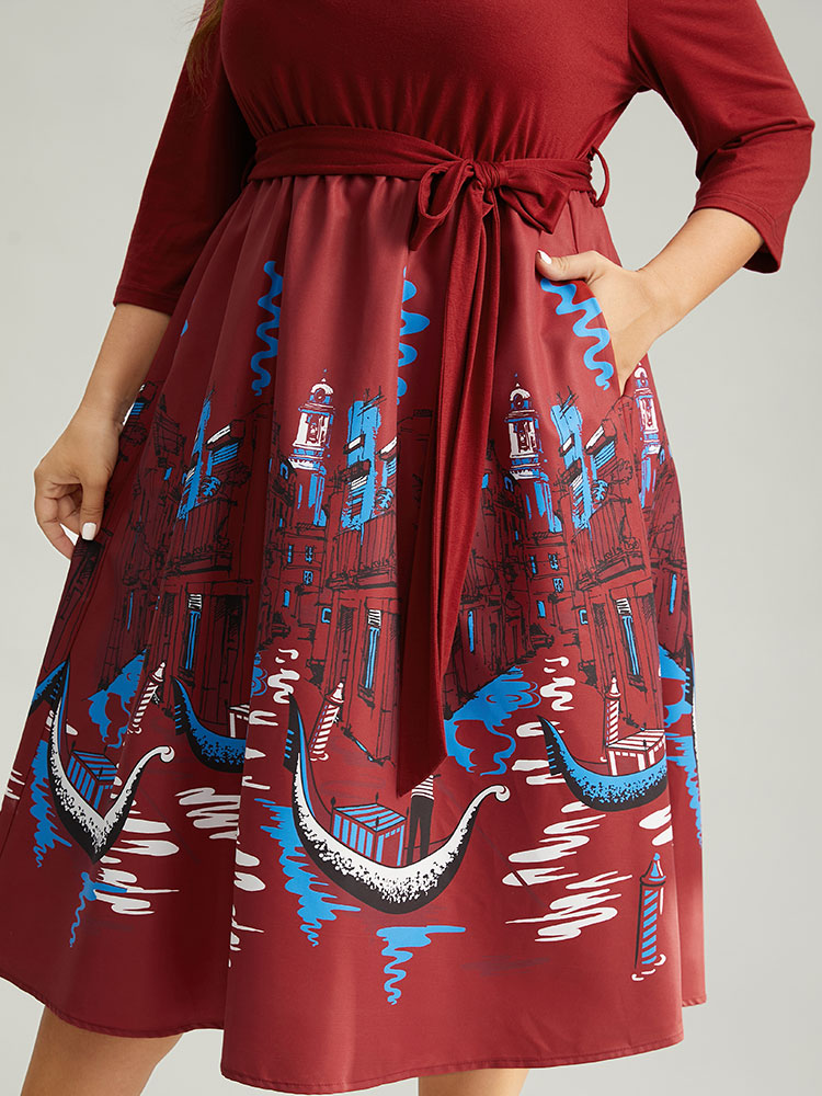 Boho Print Patchwork Belted Gathered Dress