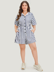 Shirt Collar Button Up Pocket Elastic Waist Romper