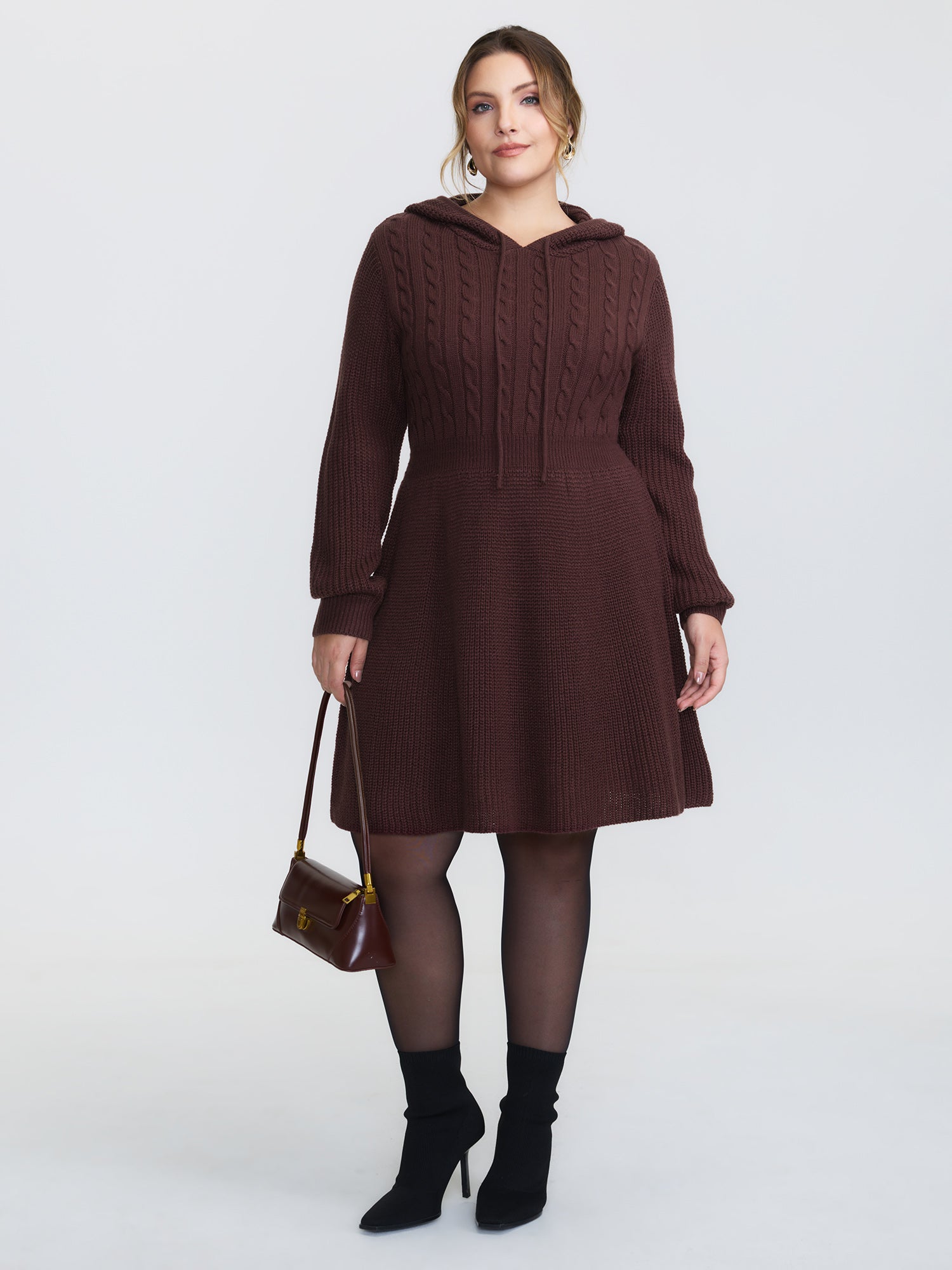 Textured Hooded Cinched-Waist Sweater Dress