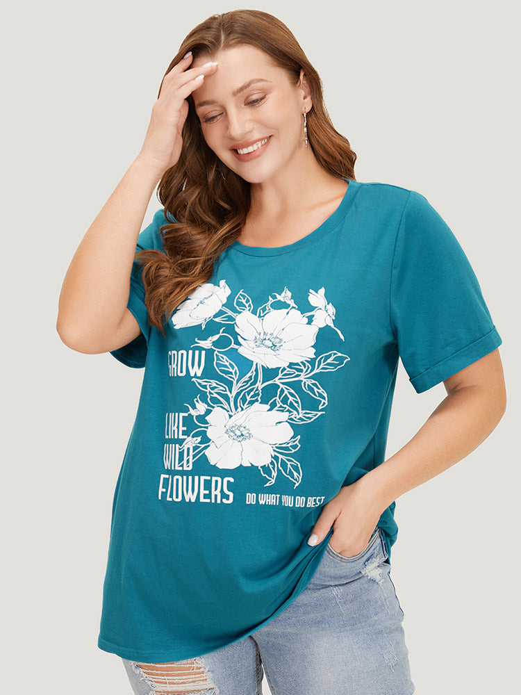 Floral & Letter Roll Sleeve T-shirt