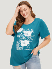 Floral & Letter Roll Sleeve T-shirt