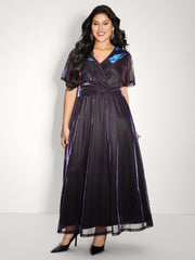 Shimmery Lined Shirred Waist Pockets Maxi Dress