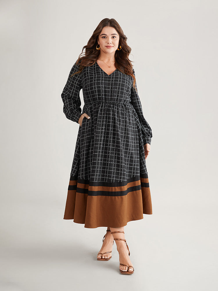 Gingham Gingham Patchwork Pocket Gathered Dress