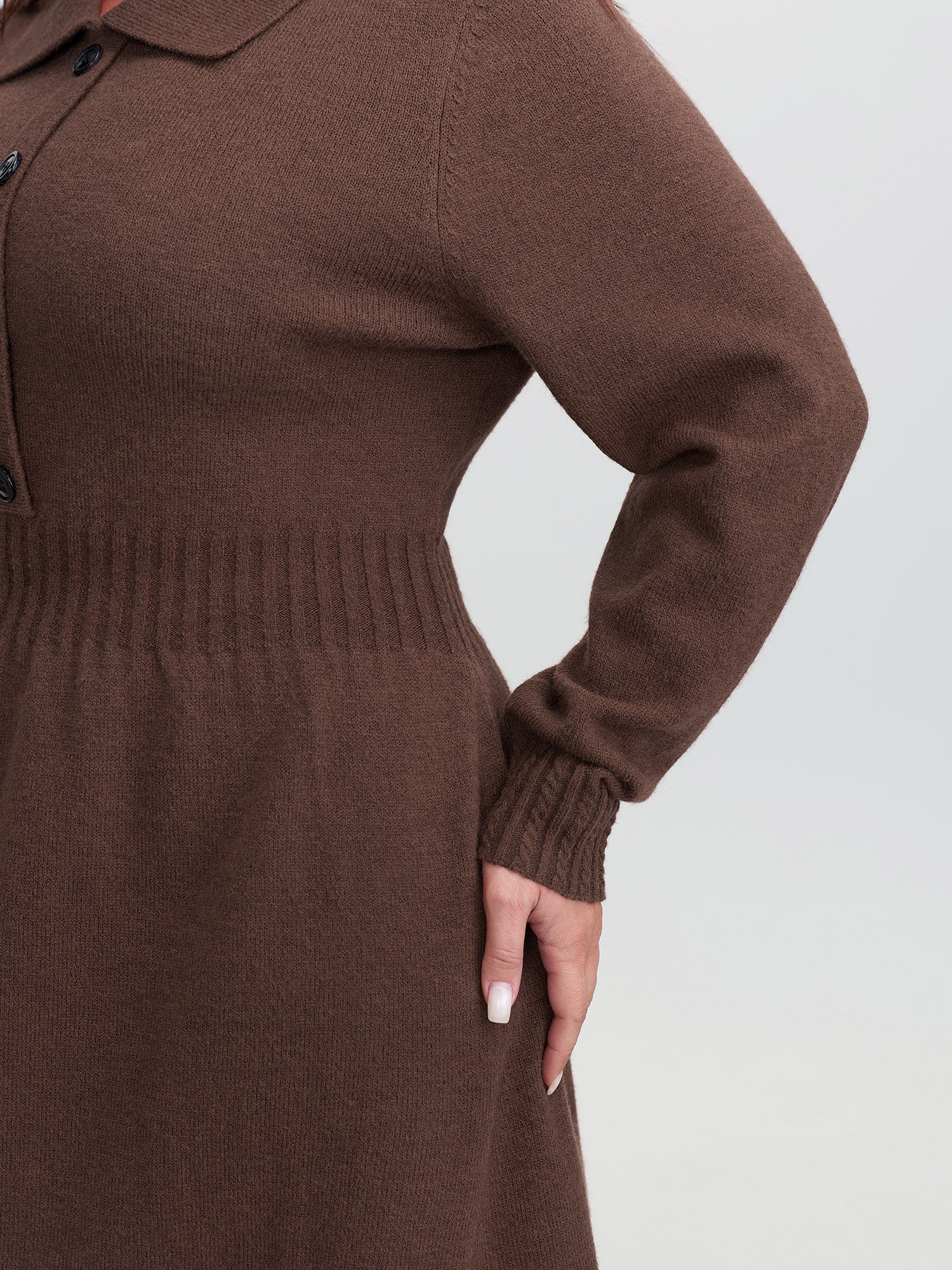 Cinched-Waist Collar Button Sweater Dress