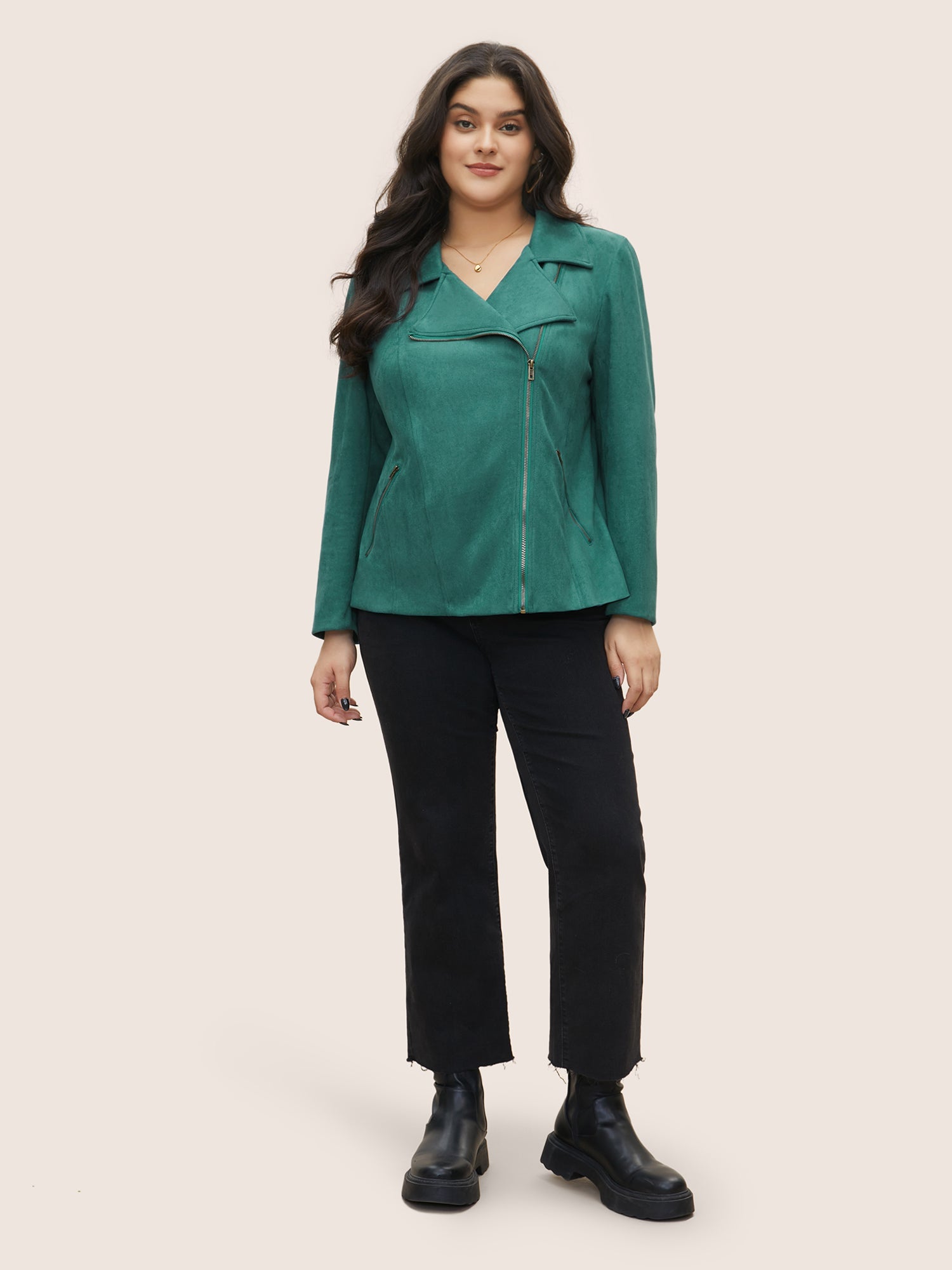 Solid Faux Suede Zipper Lapel Collar Jacket