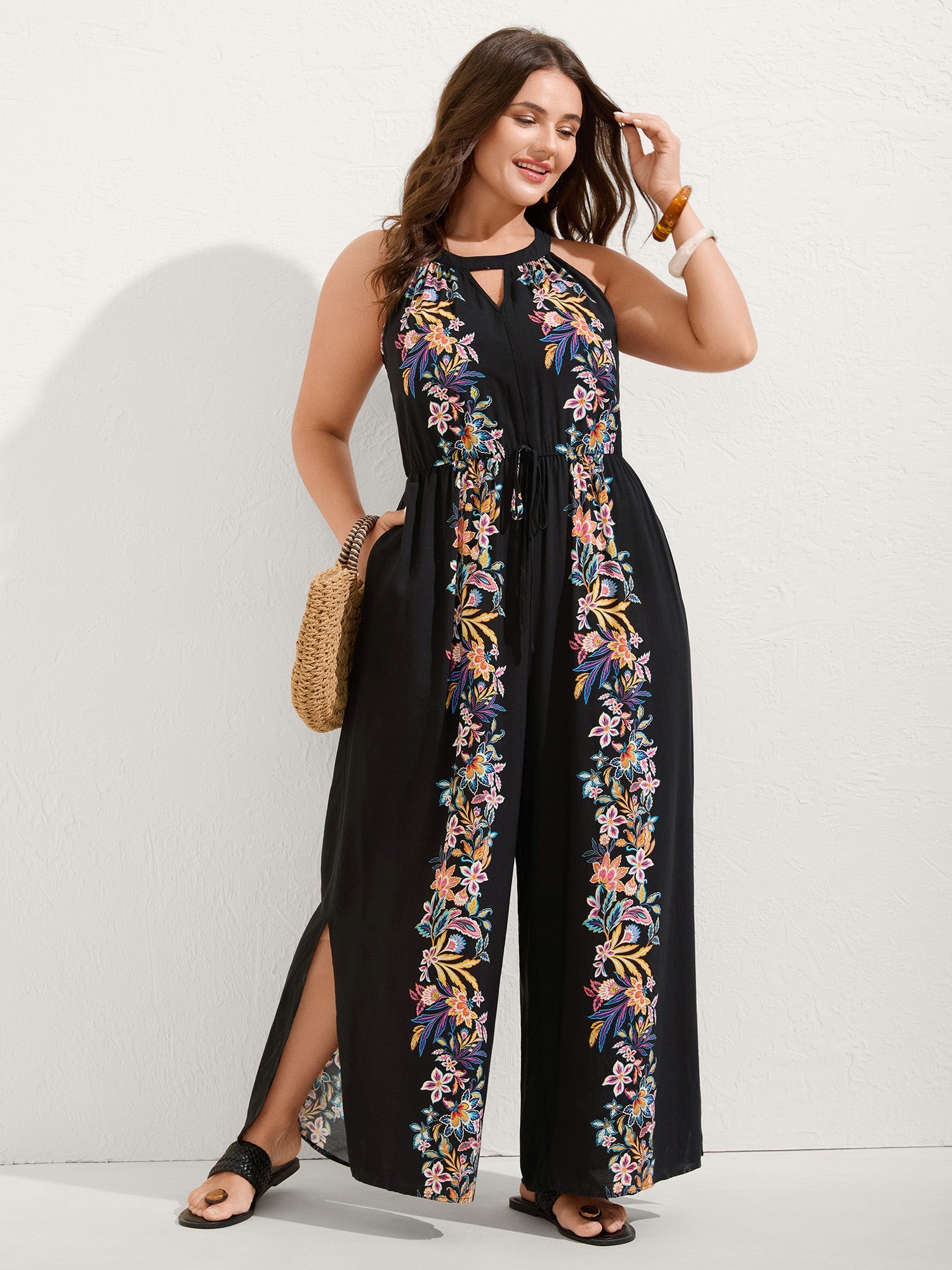 Floral Halter Neck Slit Hem Jumpsuit