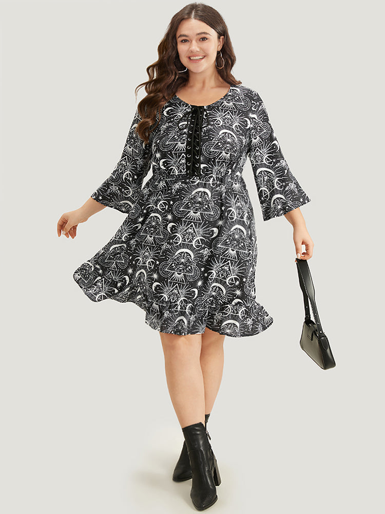 Halloween Moon & Star Lace Up Pocket Bell Sleeve Dress