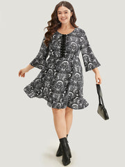 Halloween Moon & Star Lace Up Pocket Bell Sleeve Dress