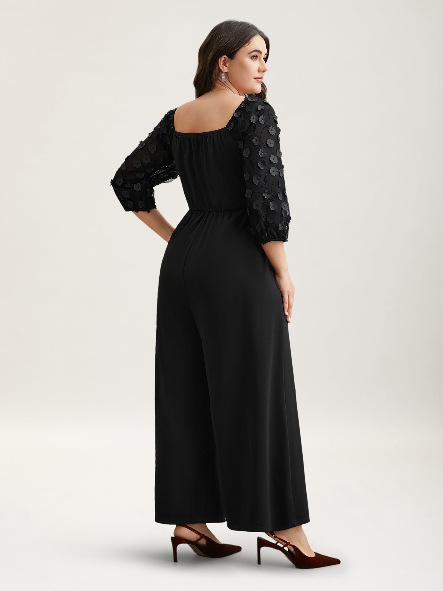 Floral Mesh Sleeve Pockets Straight-Leg Jumpsuit