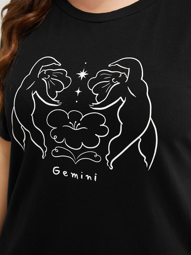 Figure & Letter Print Slightly Stretchy Zodiac T-shirt