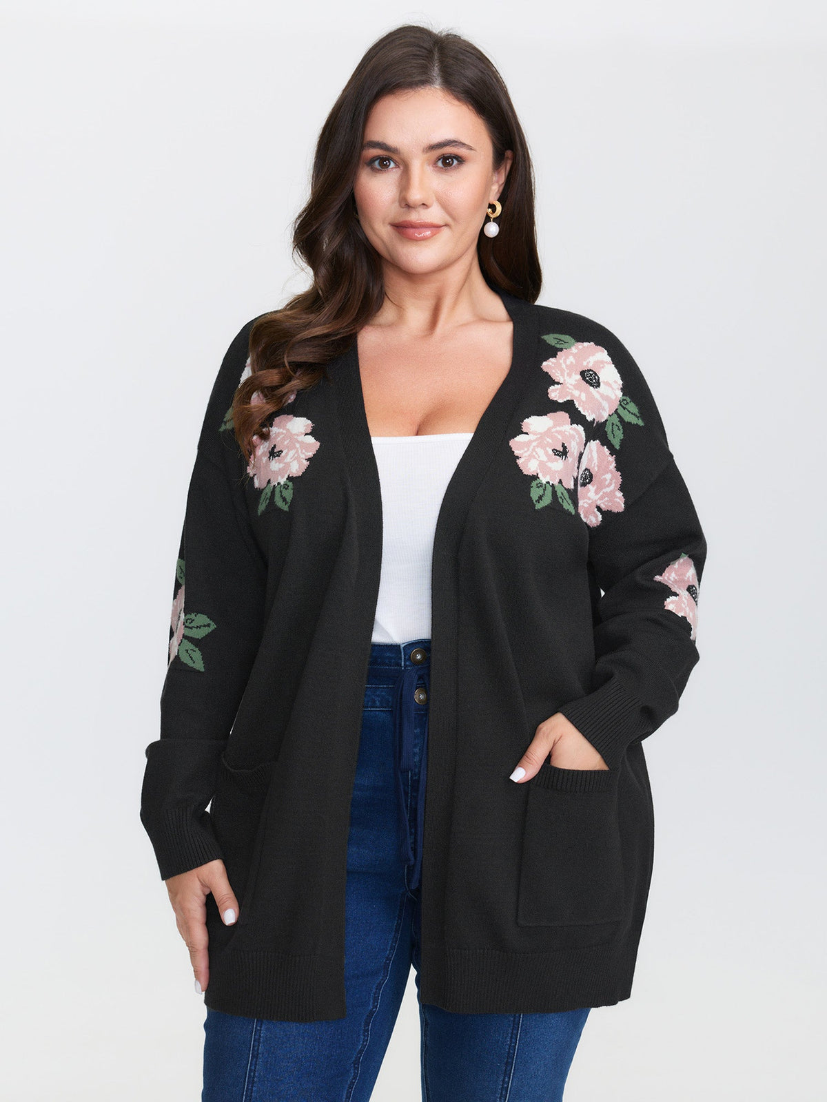 Floral Jacquard Pattern Pockets Knit Cardigan