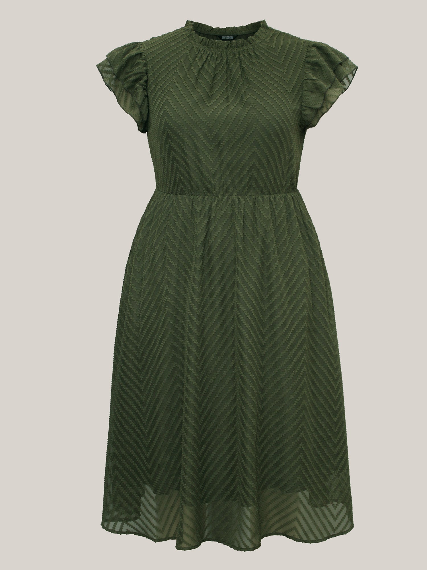 Plain Geometric Layered Sleeve Pocket Ruffle Mock Neck Dress