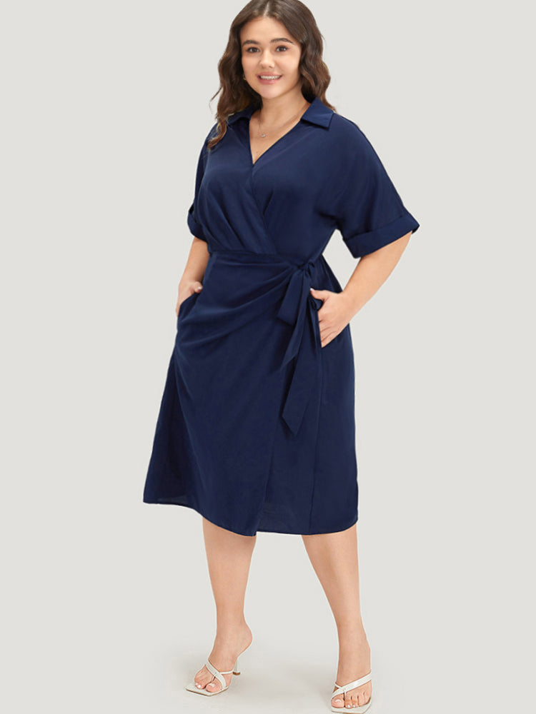 Shirt Collar Split Hem Wrap Pocket Knot Gathered Dress