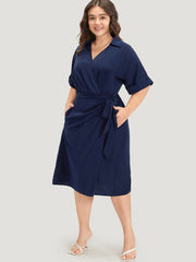 Shirt Collar Split Hem Wrap Pocket Knot Gathered Dress