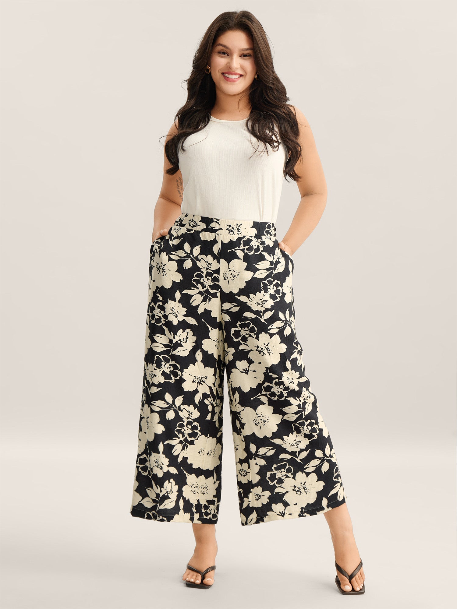 Floral Print Pull-On Wide-Leg Pants