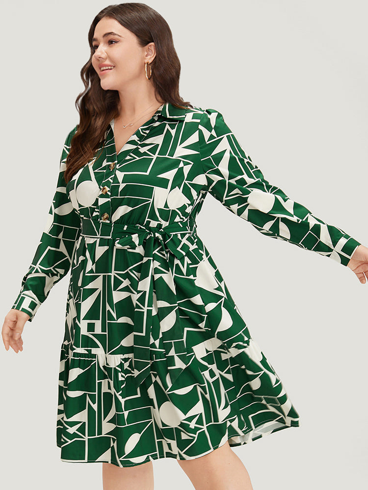 Geometric Shirt Collar Belted Pocket Flutter Dress