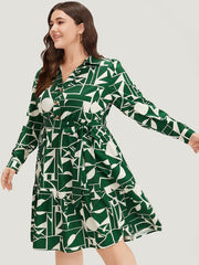 Geometric Shirt Collar Belted Pocket Flutter Dress