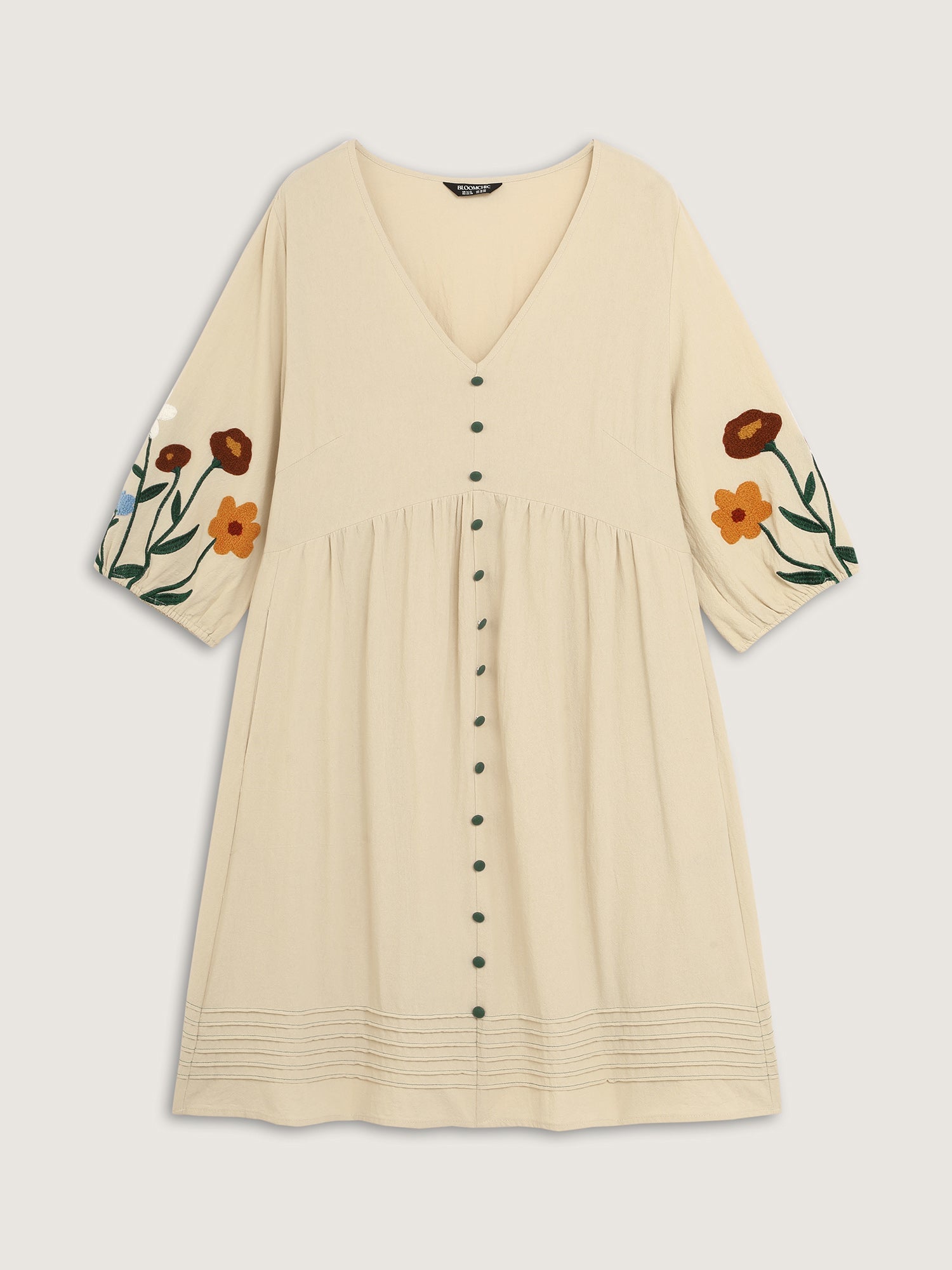 Floral Embroidery Button Front Knee-Length Dress