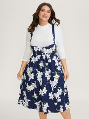 Floral Print Pockets Suspender Skirt Midi Dress