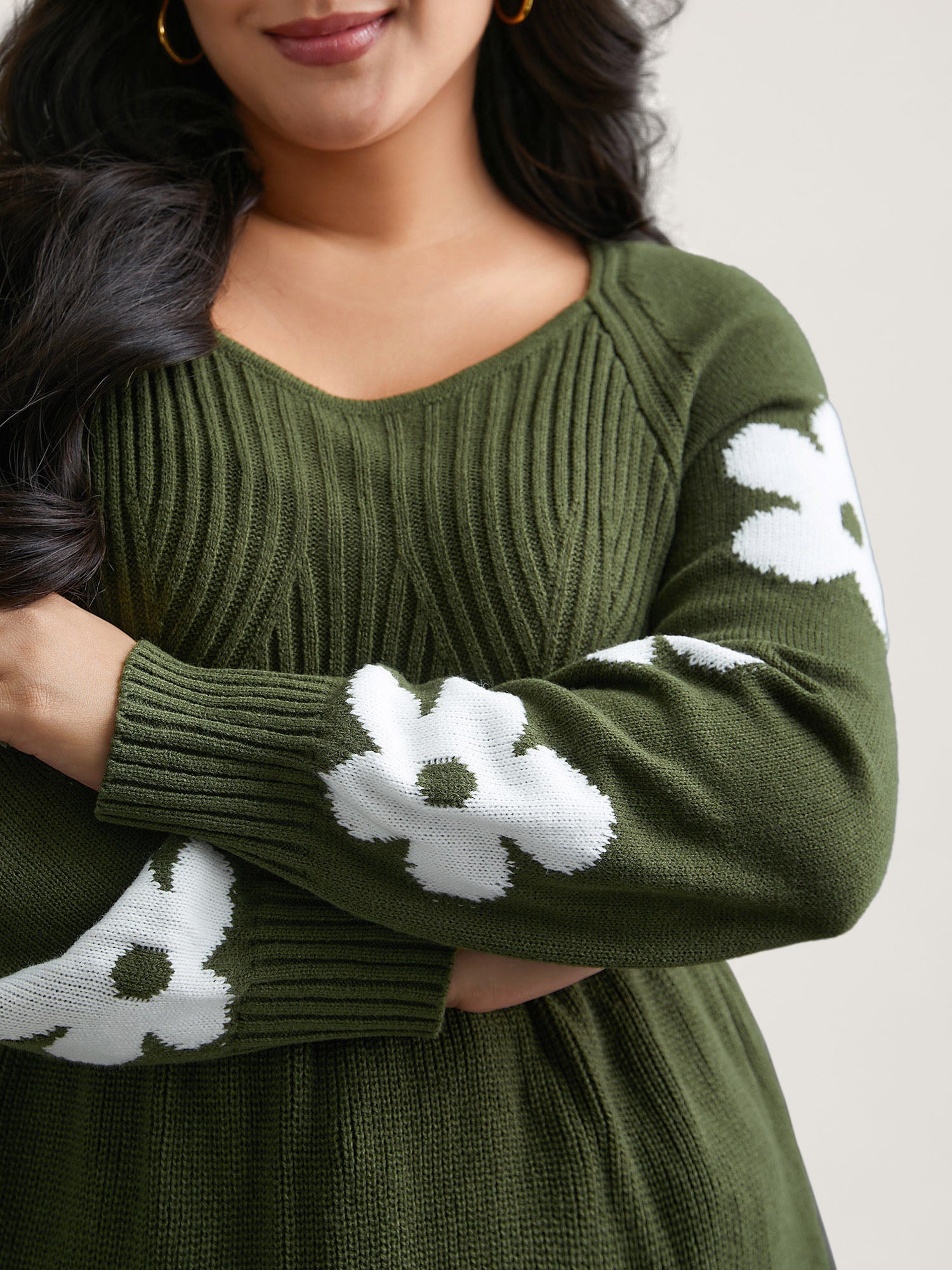 Floral Patch Jacquard Cinched Waist Pullover