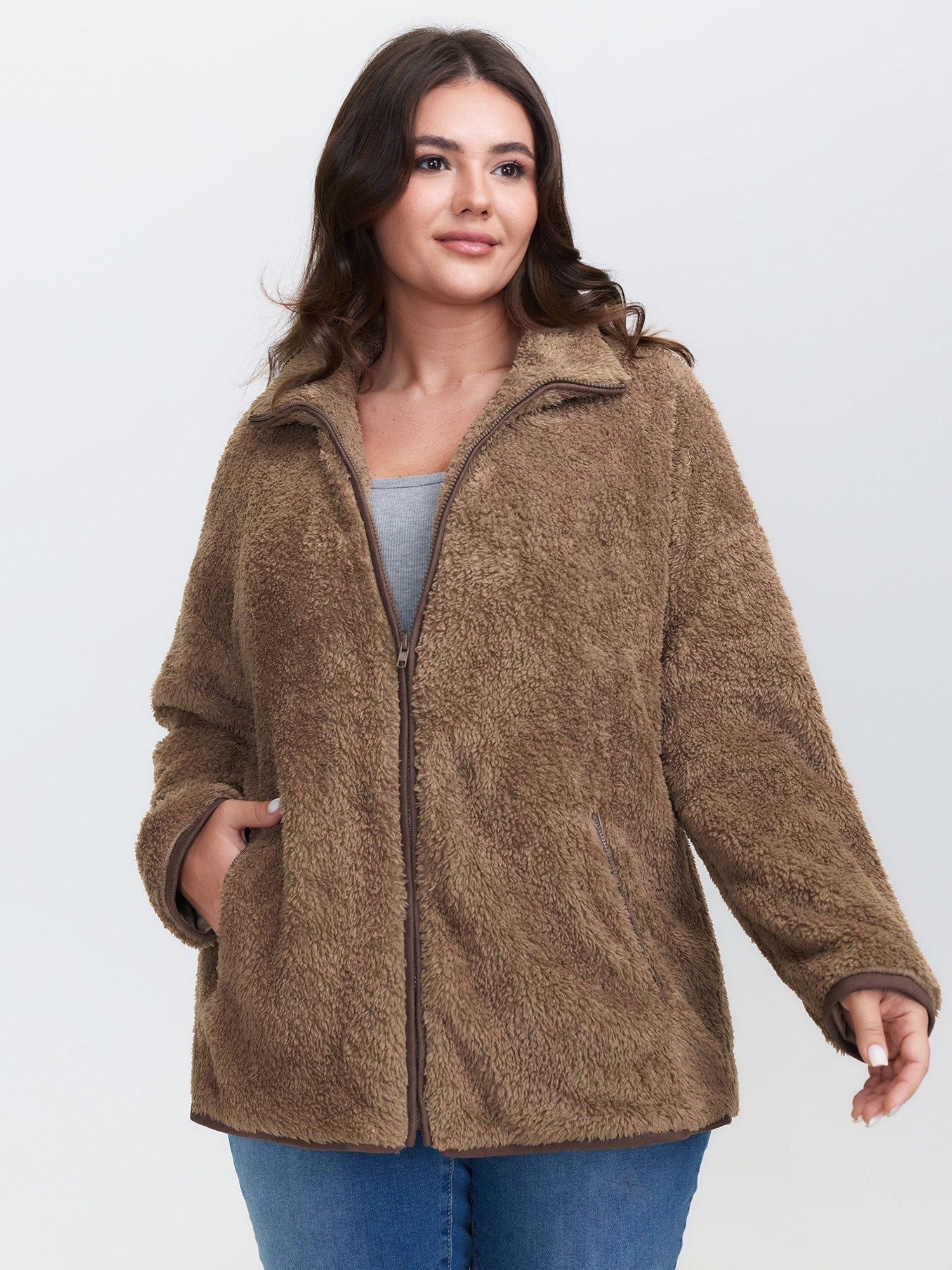 Furry Textured Color Contrast Pockets Jacket