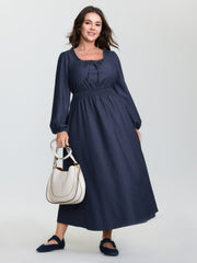 Ruffled Neckline Shirred Waist Pocket Maxi Dress