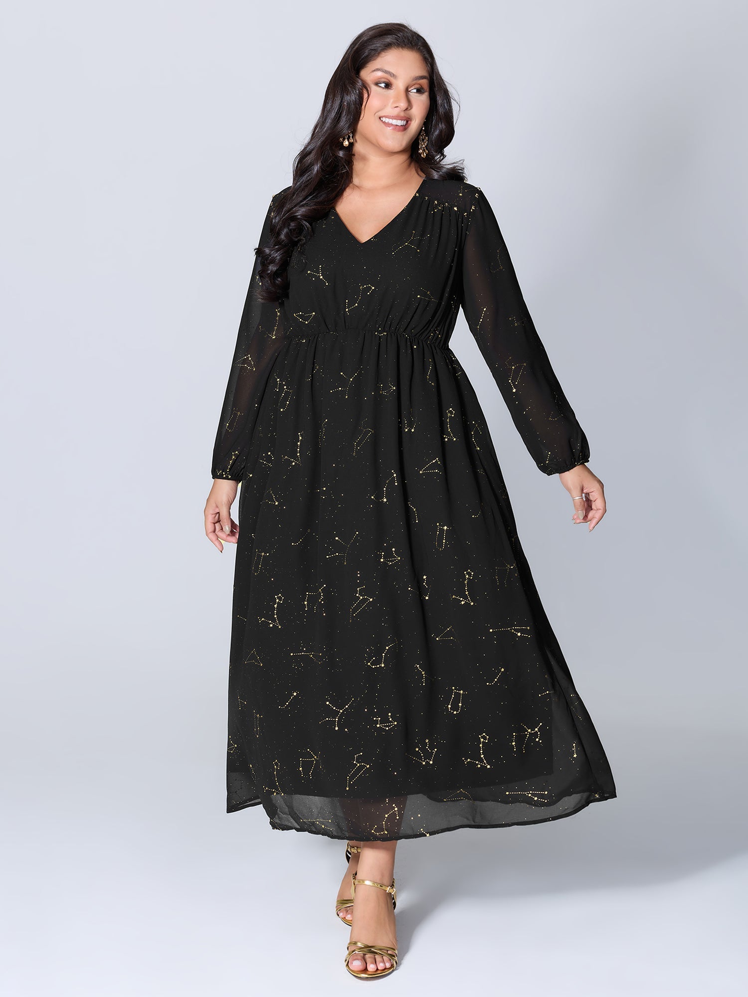 Shimmery Hot Stamped Shirred Pockets Party Dress