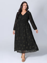 Shimmery Hot Stamped Shirred Pockets Party Dress