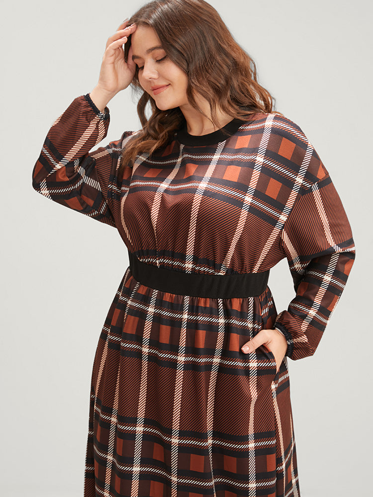 Plaid Patchwork Round Neck Lantern Sleeve Pocket Midi Dress