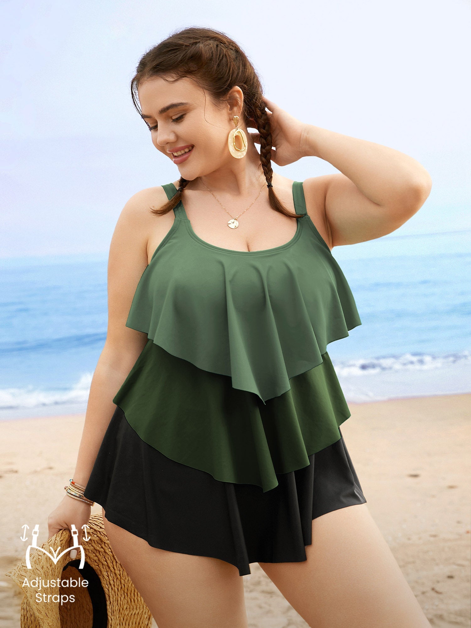 Colorblock Contrast Ruffle Layered Hem Tankini Top
