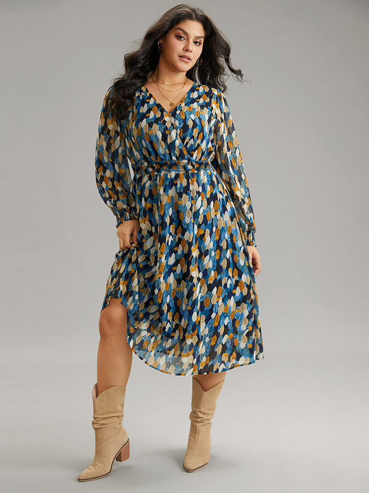 Overlap Collar Feather Shirred Pocket Dress