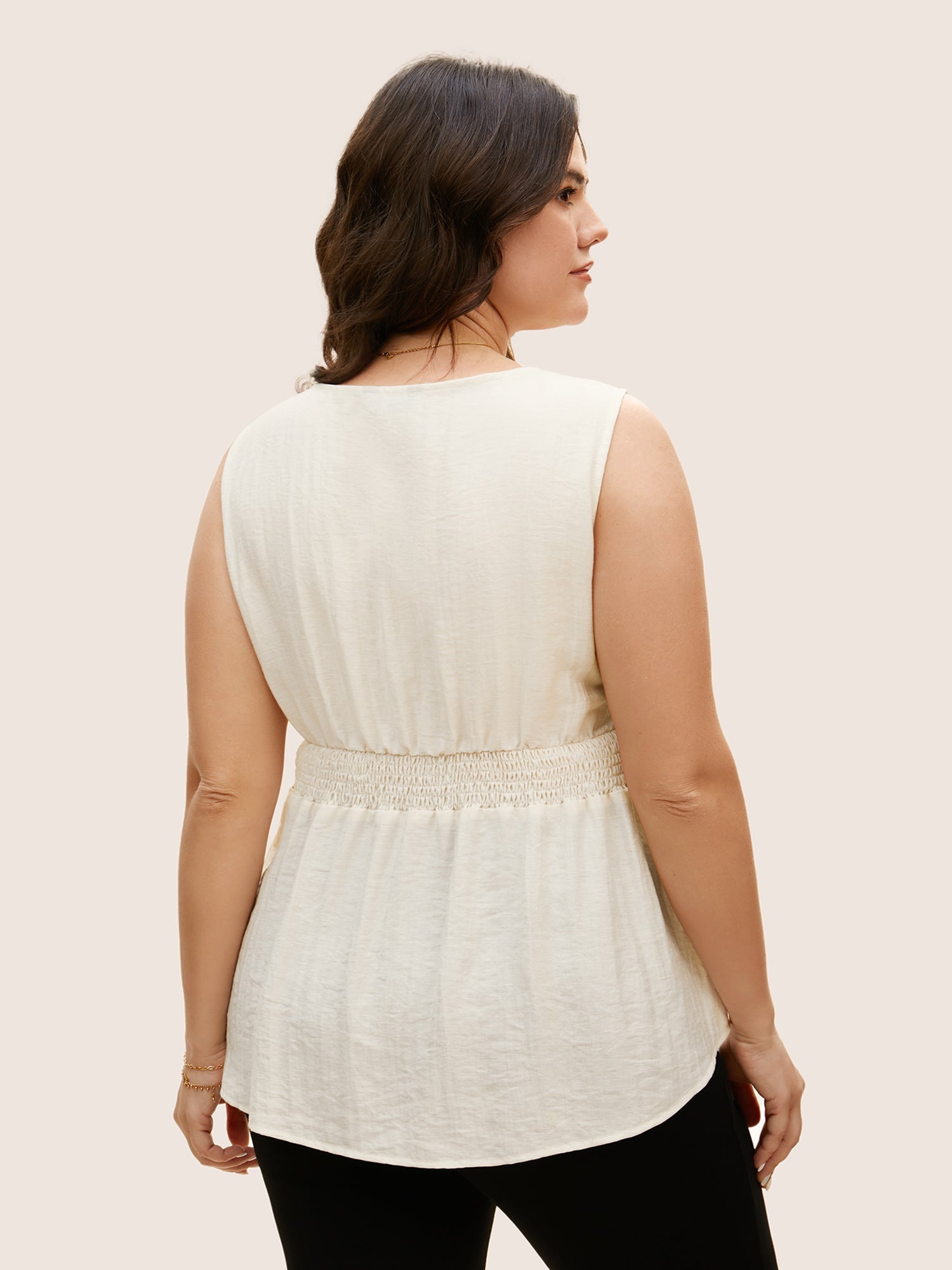 Solid Button Detail Shirred Wrap Tank Top