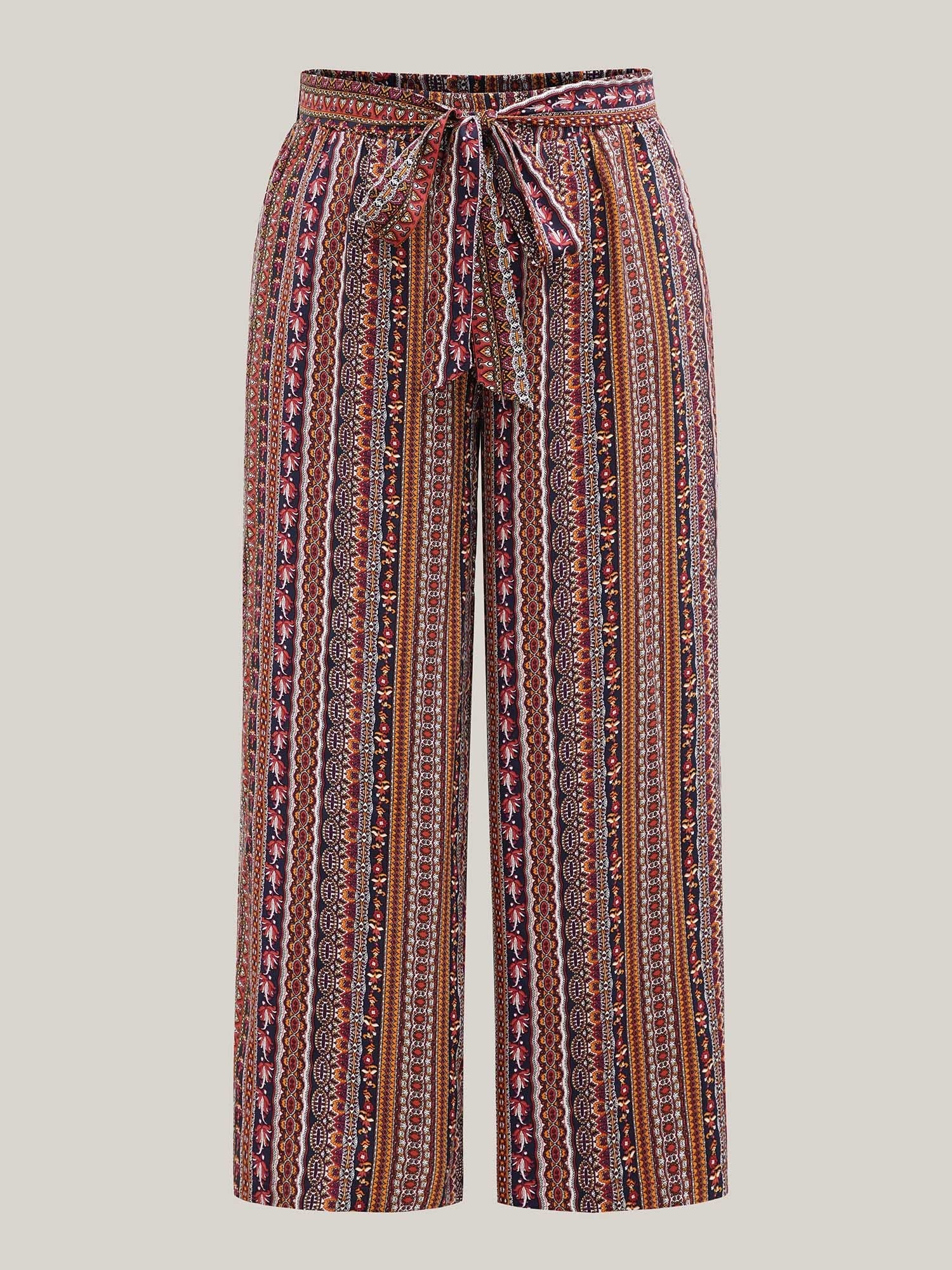 Boho Print Belted Flared Pants
