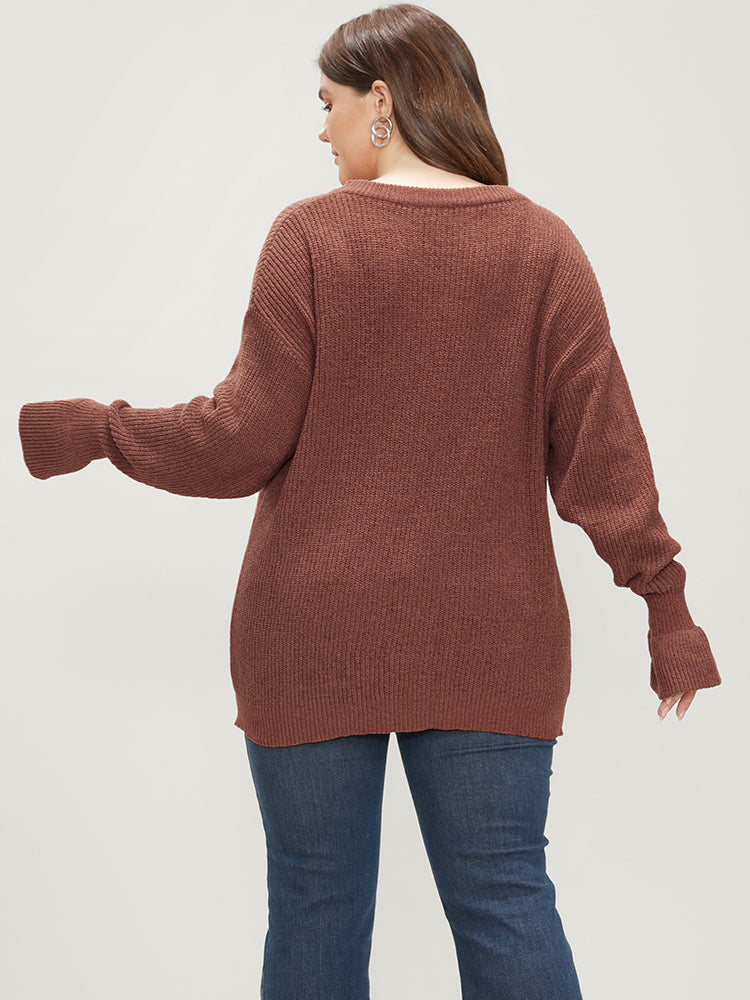 Solid Pointelle Knit Round Neck Bell Sleeve Knit Top