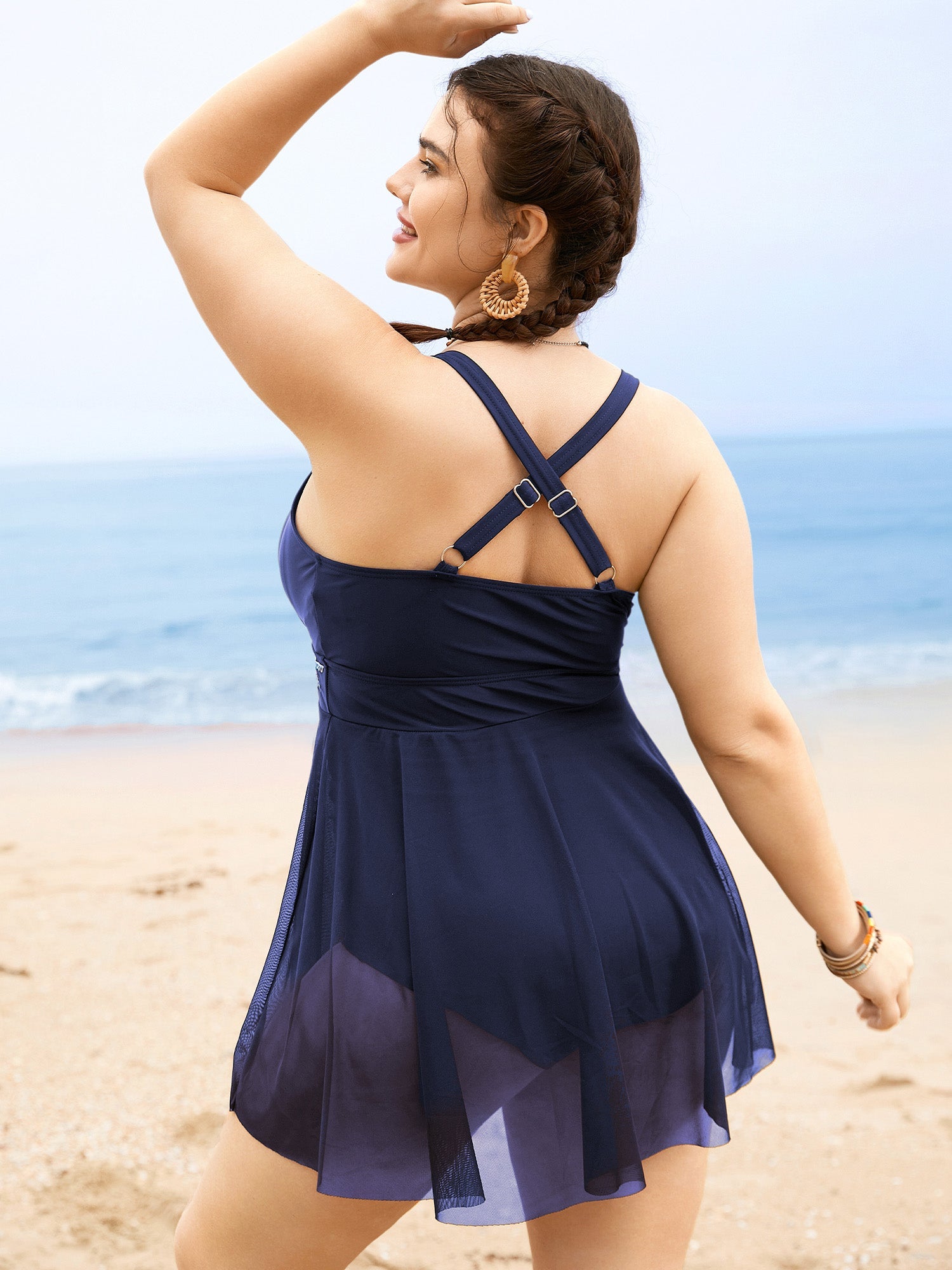 Floral Embroidered Overlap Collar Swim Dress