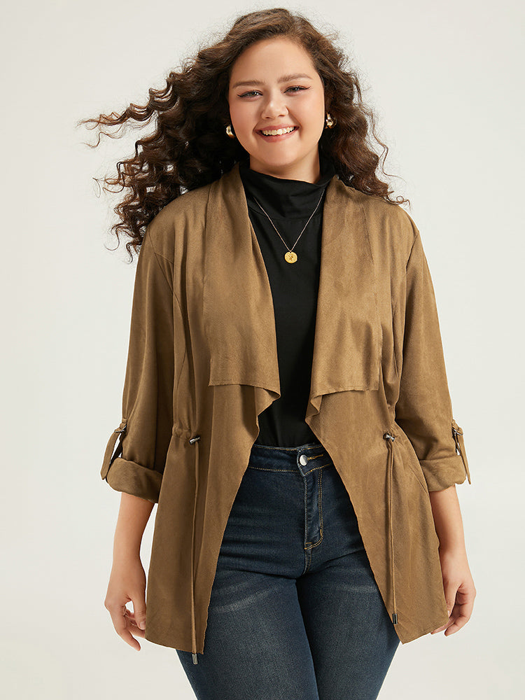 Asymmetrical Neck Drawstring Tab Sleeve Coat