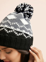 Geometric Jacquard Fluffy Ball Hat