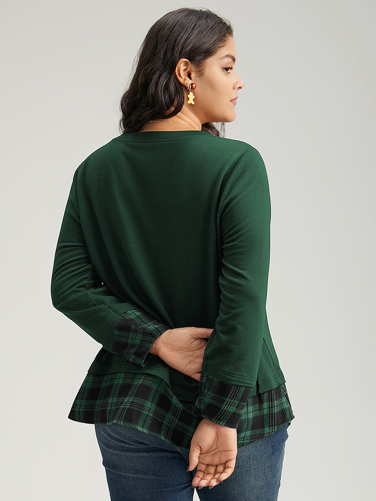 Plaid Patchwork Button Detail Curved Hem Sweatshirt