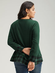 Plaid Patchwork Button Detail Curved Hem Sweatshirt