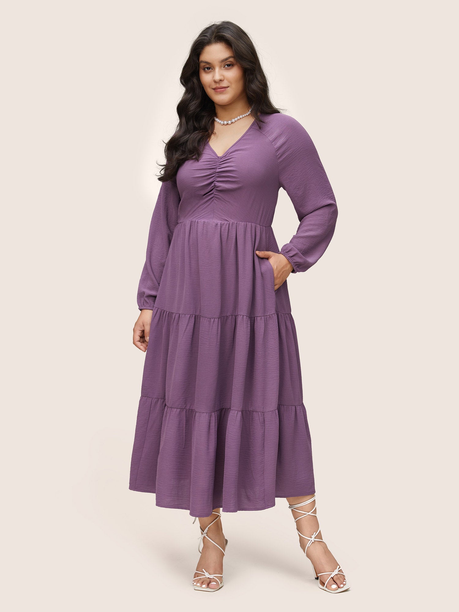 Solid Ruched Raglan Sleeve Layered Hem Dress
