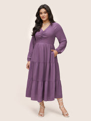 Solid Ruched Raglan Sleeve Layered Hem Dress