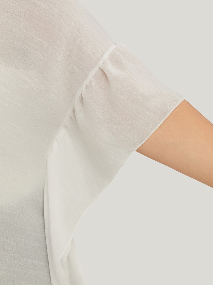 Solid Ruffle Trim Dolman Sleeve Lace Asymmetrical Hem Knit Top