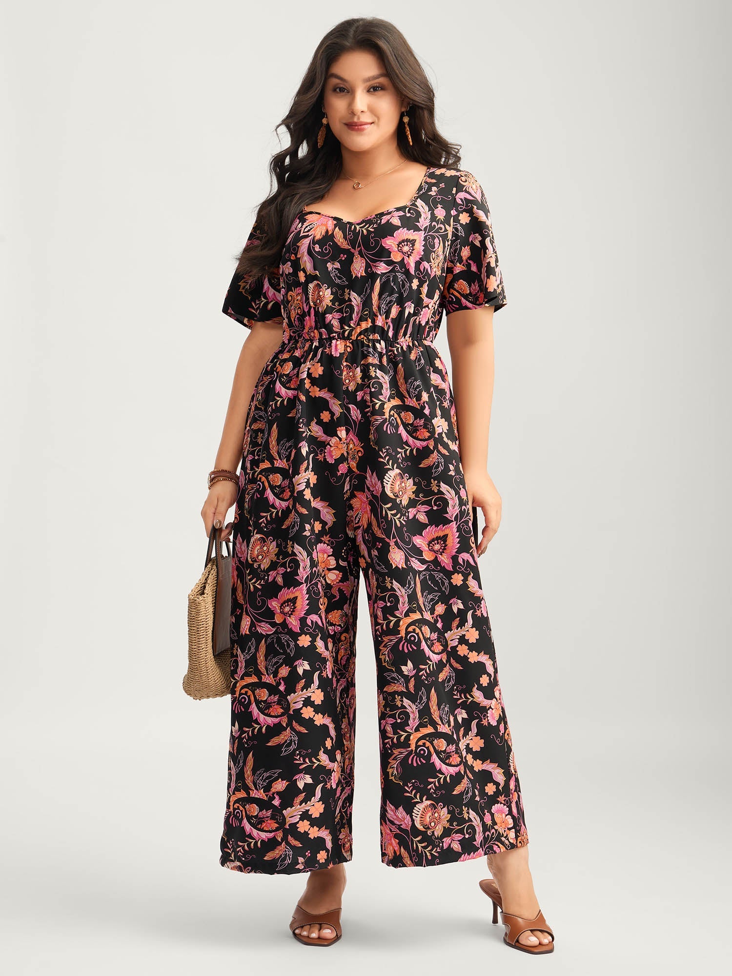 Floral Print Square Neck Pockets Jumpsuit