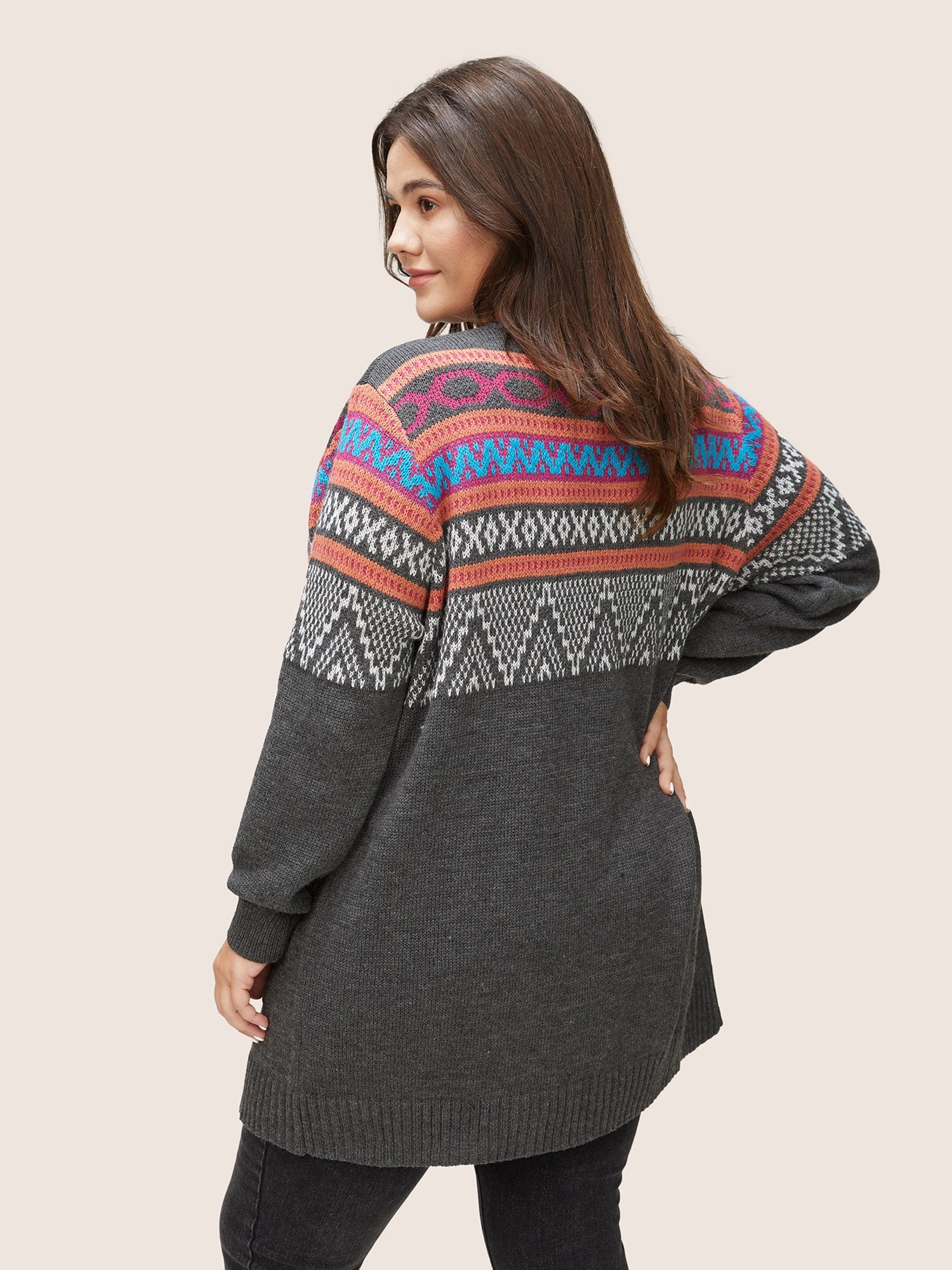 Boho Contrast Jacquard Patched Pocket Cardigan