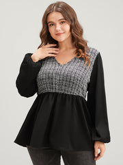 Gingham Tweed Lantern Sleeve Asymmetrical Hem Blouse