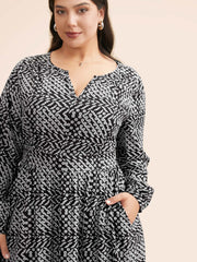 Geometric Notched Lantern Sleeve Midi Dress