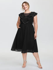 Sheer Rhinestone Chain Trim Ruffled Midi Dress