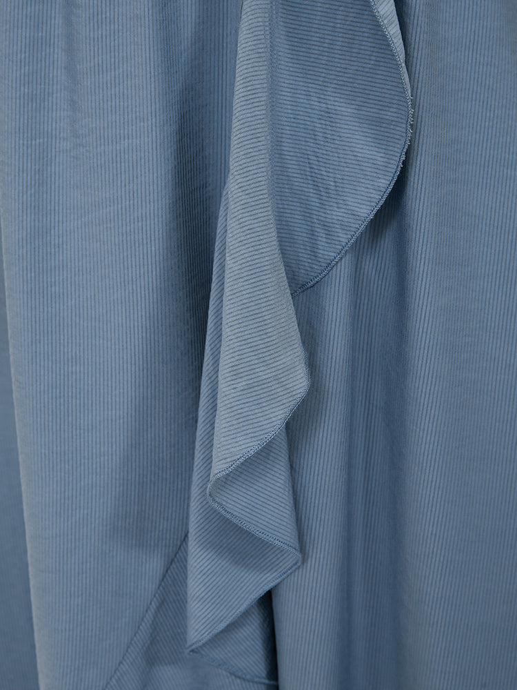 Solid Keyhole Round Neck Pocket Ruffle Trim Rib Knit Dress